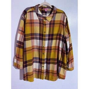 Woman Within Shirt 4X Yellow Orange Plaid Flannel Fall Cozy Casual Warm